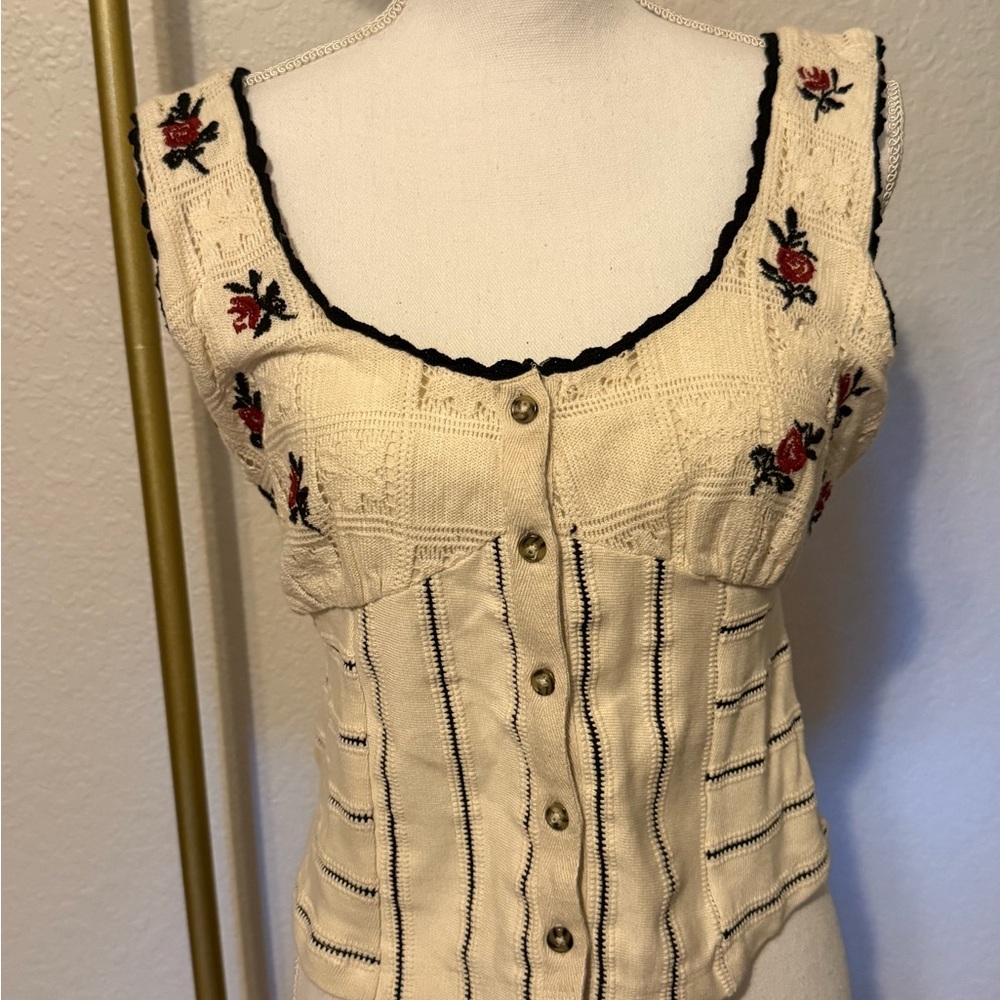 Free People Cream Floral Embroidered Tank Top  (B3) - Picture 5 of 8